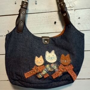 Cat Denim Tote Bag Purse 3 Fuzzy Cats W/Scarves Double Handle Straps Adjustable